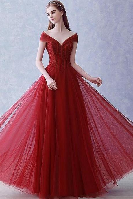 Wine Red Tulle Beaded Long Party Dresses Formal Dress, Dark Red A-line Party Dresses