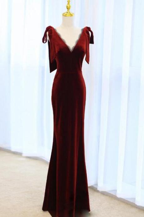 Wine Red V-neckline Velvet Beautiful Wedding Party Dress, A-line Floor Length Evening Dress