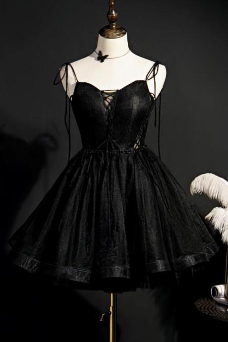 Lovely Tulle Black Short Straps Knee Length Homecoming Dress, Black Short Prom Dress