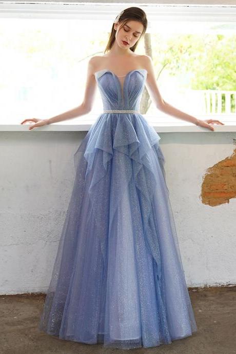 Beautiful Light Blue Tulle A-line Beaded Waist Long Formal Dress, Light Blue Party Dress Prom Dress