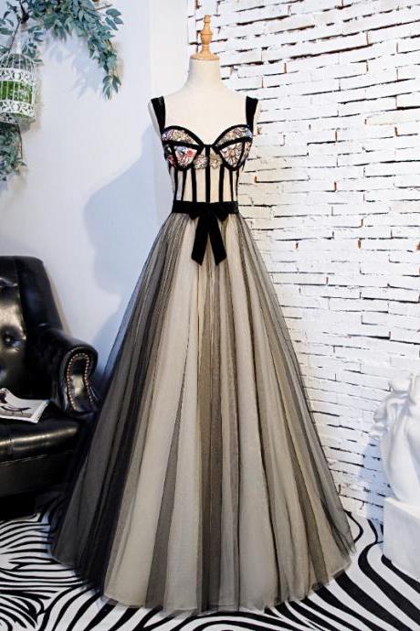 Black And Champagne Tulle Long Unique Party Dress Prom Dress, A-line Tulle Formal Dress