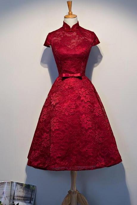 Cute Wine Red Lace Tea Length Wedding Party Dresses, Dark Red Lace Formal Dresses Bridesmaid Dresses