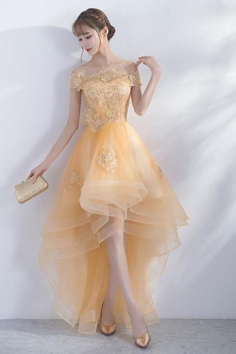 Beautiful Light Yellow Tulle Off Shoulder With Lace Party Dress Homecoming Dress, High Low Formal Dress
