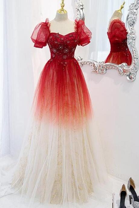 Charming Red Gradient Tulle Long Party Dress Evening Dresses, Red Long Prom Dress
