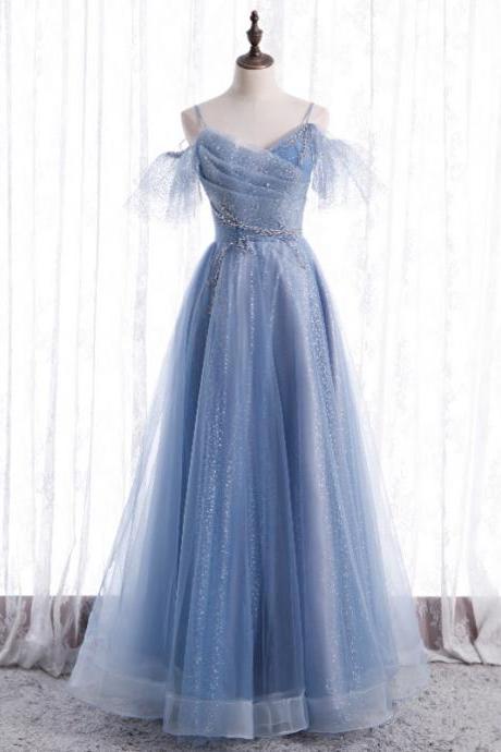 Light Blue Tulle Straps Off Shoulder New Party Dress, Blue A-line Formal Dress