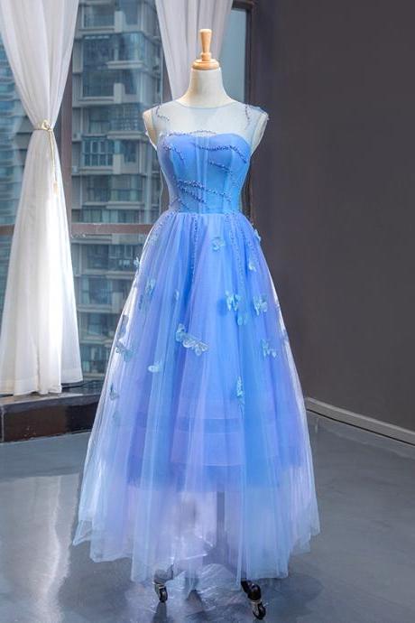 Blue Beaded Tulle Round Neckline Vintage Style Prom Dress Party Dress, Blue Homecoming Dresses