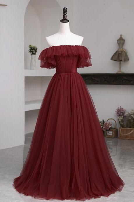 Wine Red Off Shoulder Tulle Long Evening Dress Prom Dress, Tulle Party Dresses Formal Dresses