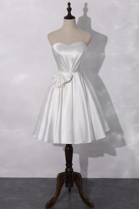 White Satin Sweetheart Knee Length Simple Party Dress Graduation Dress, White Prom Dresses