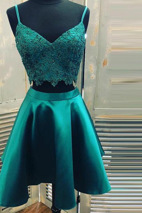 Two Piece Green Short Straps Lace And Satin Homecoming Dress, Short Prom Dresses