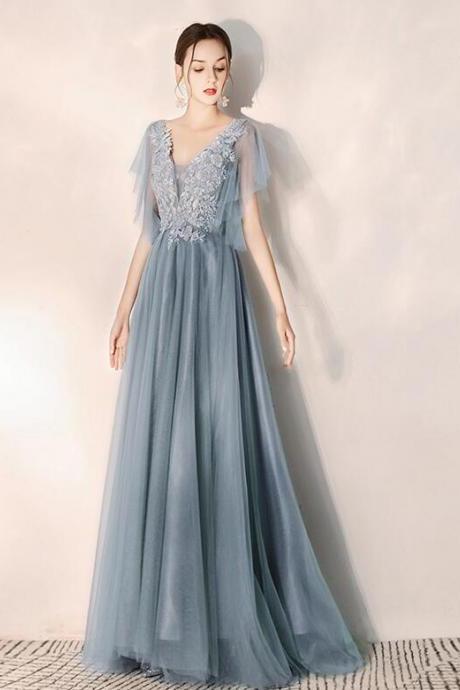 Beautiful Tulle V-neckline Lace Low Back Long Party Dresses, Blue-Grey Evening Dress Prom Dresses