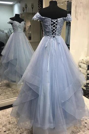 Grey Tulle Sweetheart Off Shoulder Layers Long Party Dress, A-line Grey Prom Dress 2022