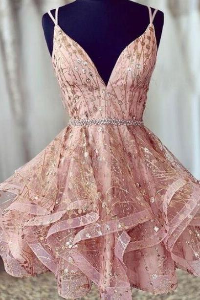 Pink V-neckline Shiny Tulle Straps Homecoming Dresses Party Dresses, Pink Short Prom Dress