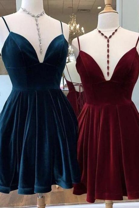 Beautiful Velvet A-line Spaghetti Straps V-Neck Fresh Short Homecoming Dresses, Short Party Dress