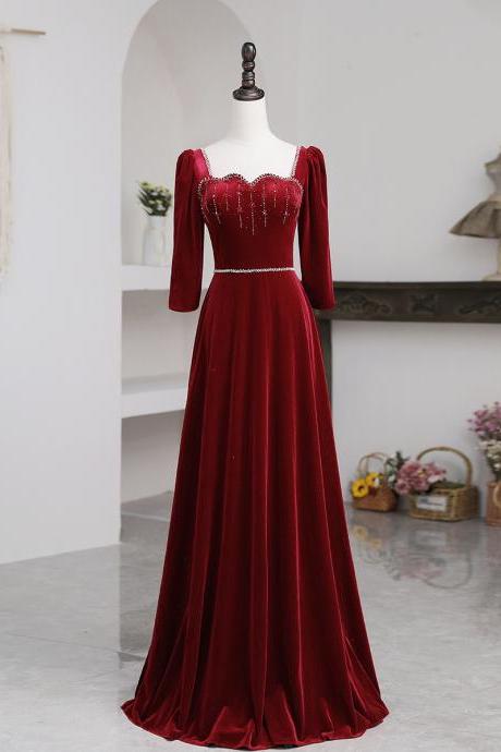 Wine Red Beaded Velvet Long Evening Dress Formal Dress, Dark Red Wedding Partyd Ress