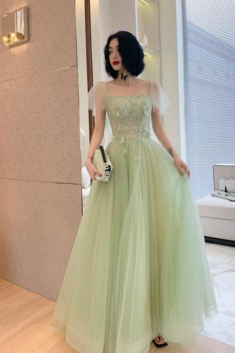 Light Green Tulle With Lace Cap Sleeves Long Evening Dress, Beautiful Green Formal Dresses
