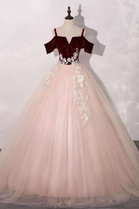 Light Pink Tulle Sweetheart Off Shoulder Velvet Top Sweet 16 Dress, Pink Prom Dresses