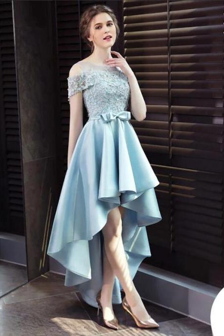 Blue Satin Style Lace Off Shoulder High Low Formal Dress, Blue Homecoming Dress