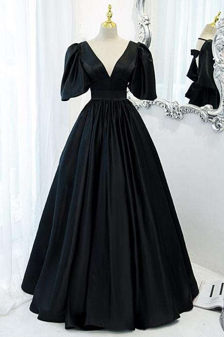 Black Satin Short Sleeves Beautiful Floor Length Party Dresses, Black Formal Dresses