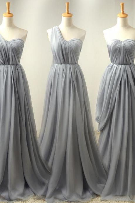 Beautiful Mismtach Grey Chiffon Sweetheart Long Bridesmaid Dresses, A-line Floor Length Prom Dresses
