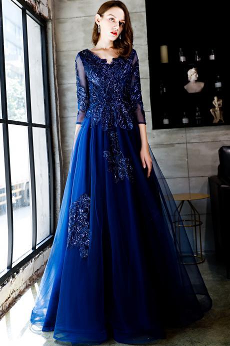 Navy Blue Tulle V-neckline Lace Applique Floor Length Party Dress Prom Dress, Blue Formal Dresses