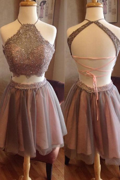 Chic Two Piece Tulle With Lace Halter Homecoming Dresses, Two Piece Prom Dresses