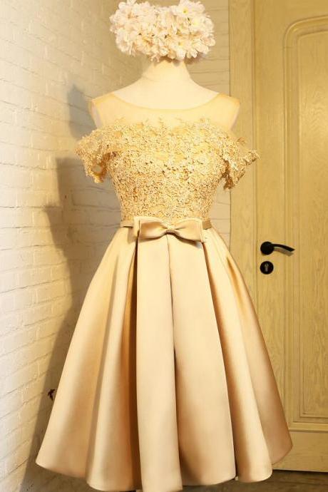 Lovely Golden Satin Lace Off Shoulder Short Homecoming Dresses, Knee Length Party Dresses