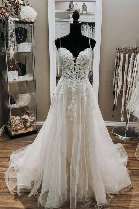 A-linev Neck White Lace Wedding Dresses, V Neck White Lace Formal Prom Dresses