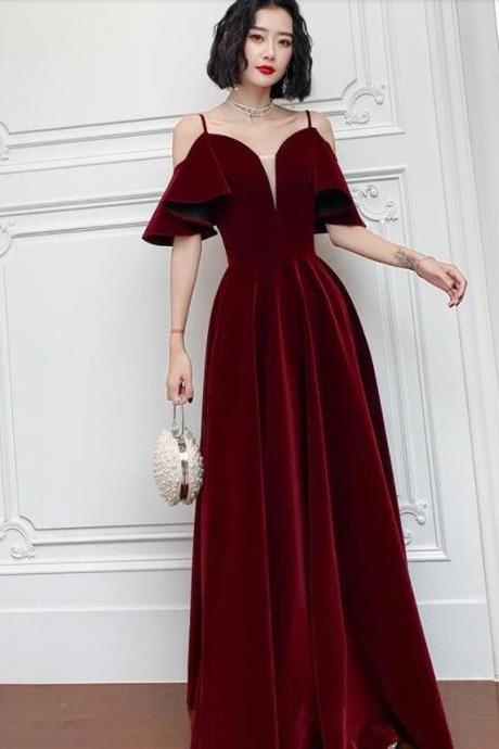 Wine Red Velvet Straps V-neckline Long Party Dress, A-line Burgundy Formal Dresses