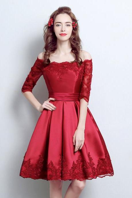 Wine Red Satin Knee Length Off Shoulder Short Sleeves Party Dress, Dark Red Homecoming Dresses