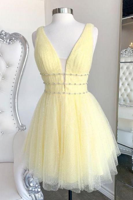Lovely Light Yellow Tulle Beaded V-neckline Backless Short Homecoming Dress, Yellow Prom Dress Party Dress