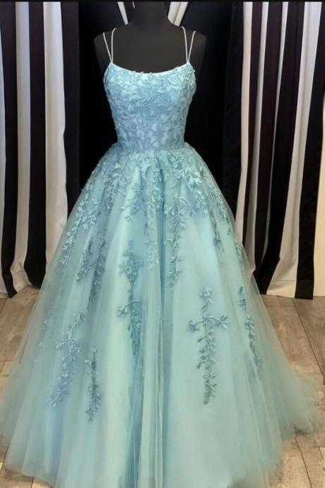 Beautiful Light Blue Tulle Lace Straps Backless Long Prom Dress Party Dress, Blue Formal Dresses