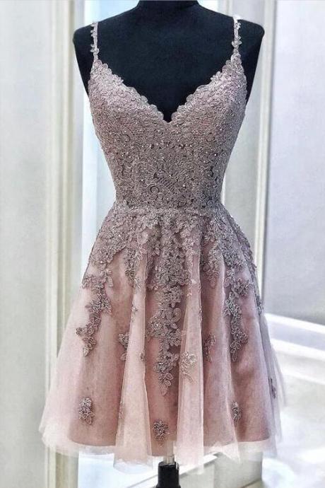 Pink Tule Lace Applique Knee Length Sweetheart Straps Homecoming Dresses, Pink Lace Party Dress