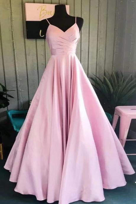 Pink Satin V-neckline Floor Length Straps Formal Dresses, Pink Long Party Dresses