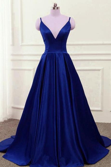 Blue Satin Cross Back Straps V-neckline Party Dress, New Prom Dress 2022