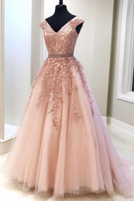 Pearl Pink V-neckline Beaded and Lace Tulle Long Party Dress, Pink Formal Gown Prom Dress