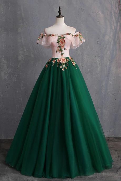 Puffy Green Tulle With Pink Floral Top Evening Dress Party Dress, Green Off Shoulder Prom Dress