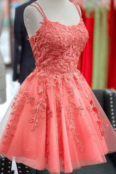 Lovely Watermelon Tulle With Lace Straps Short Prom Dress Homecoming Dress, Lace Party Dress
