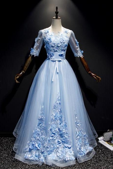 Blue Short Sleeves With Lace Flowers Long Sweet 16 Dress, Blue Party Dresses