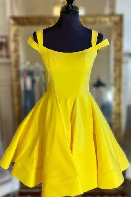 Yellow Shoulder Short Yellow Satin Prom Dresses, Short Yellow Satin Formal Homecoming Dresses