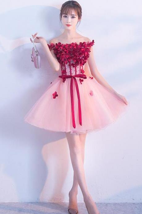 Lovely Pink Flowers Off Shoulder Tulle With Party Dresses, Short Formal Dresses