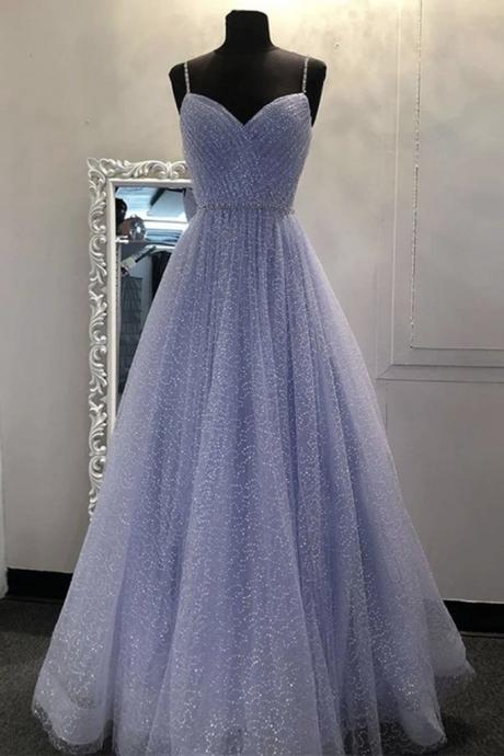 A Line V Neck Sequins Lilac Long Prom Dress, Lilac Lavender Formal Graduation Evening Dress, Sparkly Party Dress