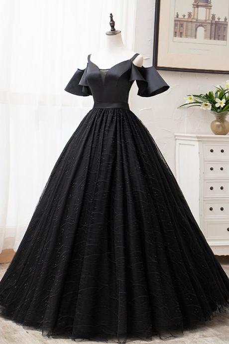 Glam Black Satin and Tulle Ball Gown Off Shoulder Evening Dress Party Gown, Black Long Prom Dress
