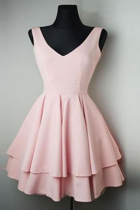Simple V Neck Pink Homecoming Dresses Short Prom Dresses Online, Cute Pink Party Dresses