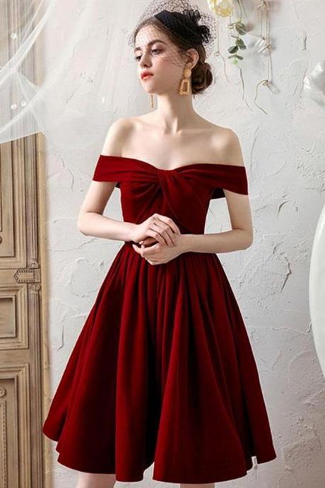 Wine Red Off Shoulder Velvet Homecoming Dresses, Burgundy Formal Short Prom Dress