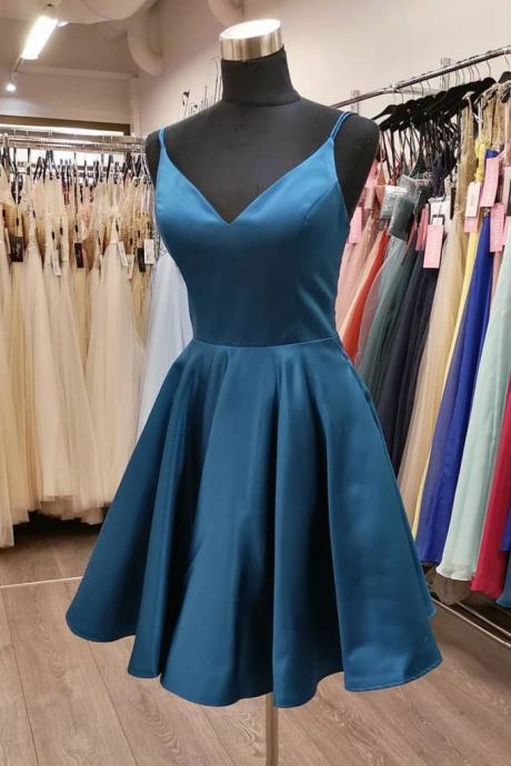 Blue V-neckline Simple Straps Knee Length Homecoming Dress Party Dress, Blue Short Prom Dress
