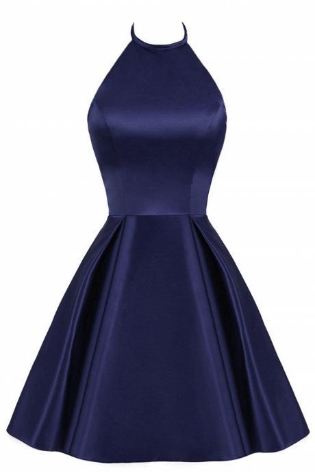 Navy Blue Cute Halter Satin Short Homecoming Dress, Blue Prom Dress Party Dress