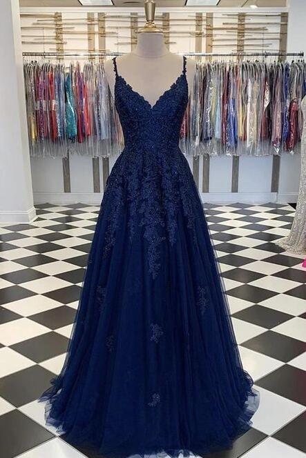 Navy Blue Tulle Staps V-neckline Lace Applique Long Formal Dress, Blue Evening Dress Prom Dress