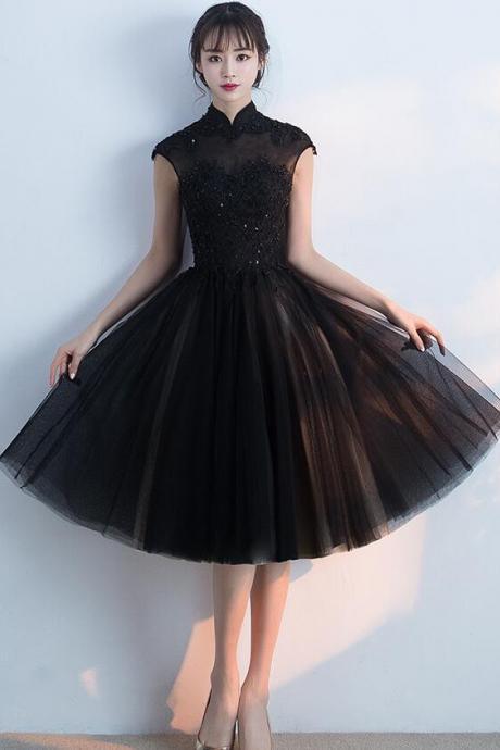 Black Lace Applique High Neckline Beaded Knee Length Formal Dress, Black Party Dresses