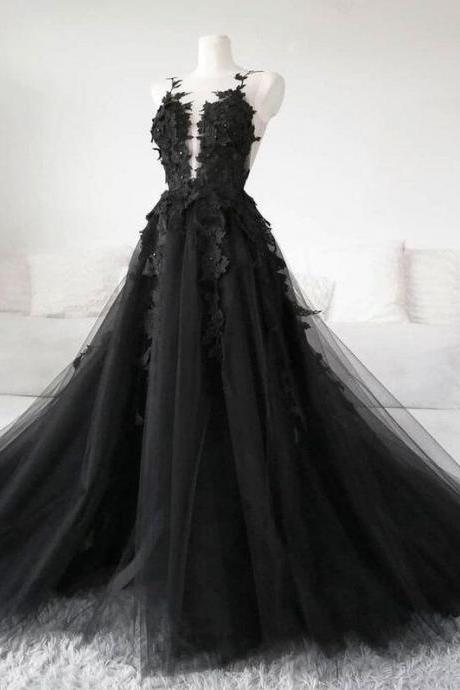 Black Tulle with Lace Applique Long Formal Dress, Prom Dress with Leg Slit