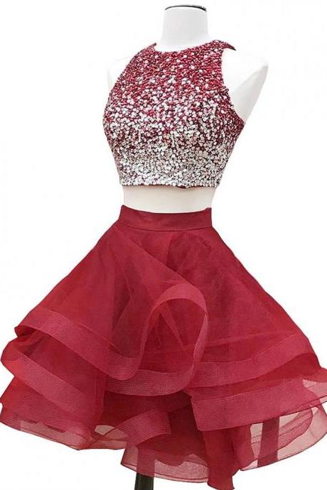 Two Pieces Short Burgundy Beaded Prom Dress, Two Pieces Short Wine Red Homecoming Dresses